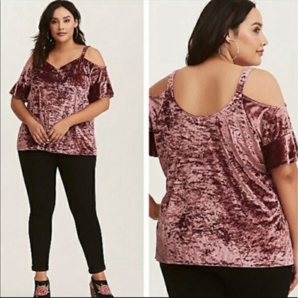 Torrid Pink crushed velvet cold shoulder shirt